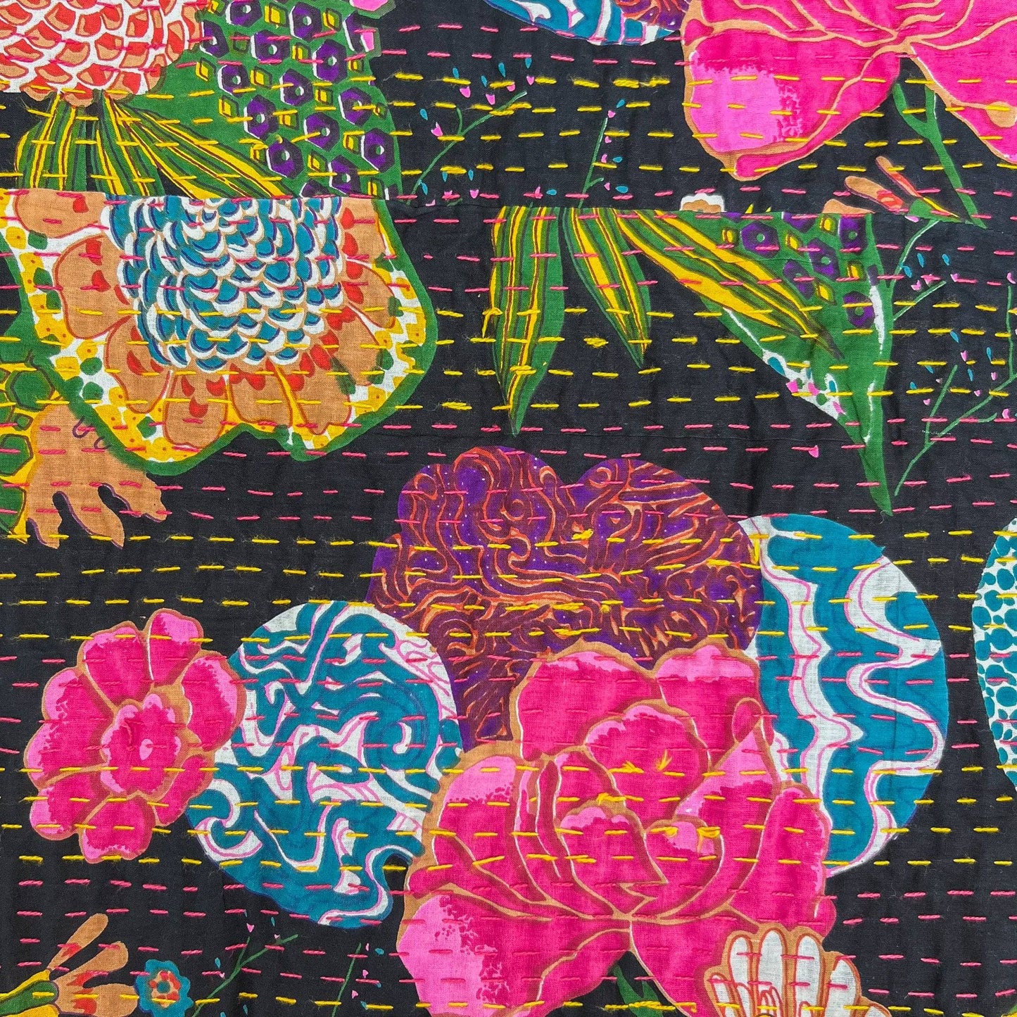 Close-up of night lily kantha pillow cover pattern.