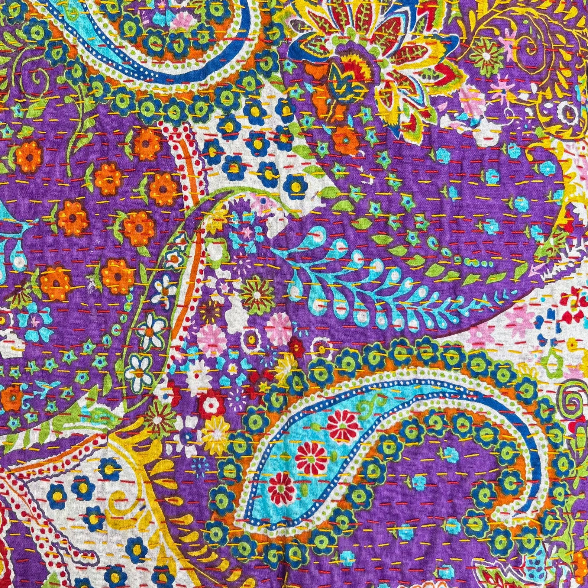 Close-up of paisley fiesta kantha pillow cover pattern.