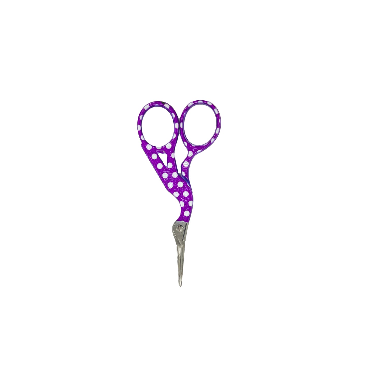 A pair of purple polka dot crafting scissors on a white background.