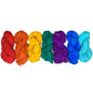 7 hanks of chiffon ribbon in rainbow colors on a white background.
