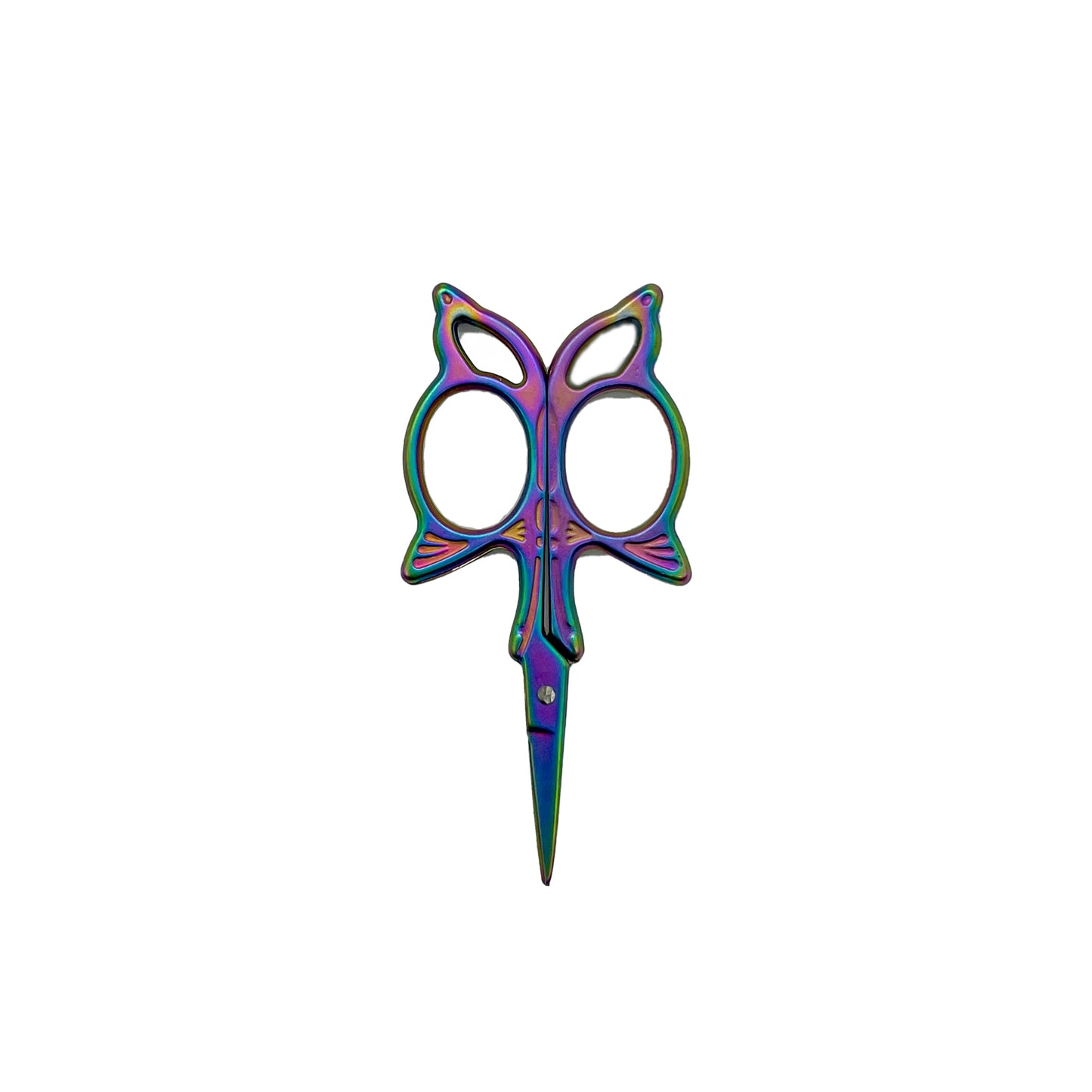 A pair of rainbow butterfly crafting scissors on a white background.