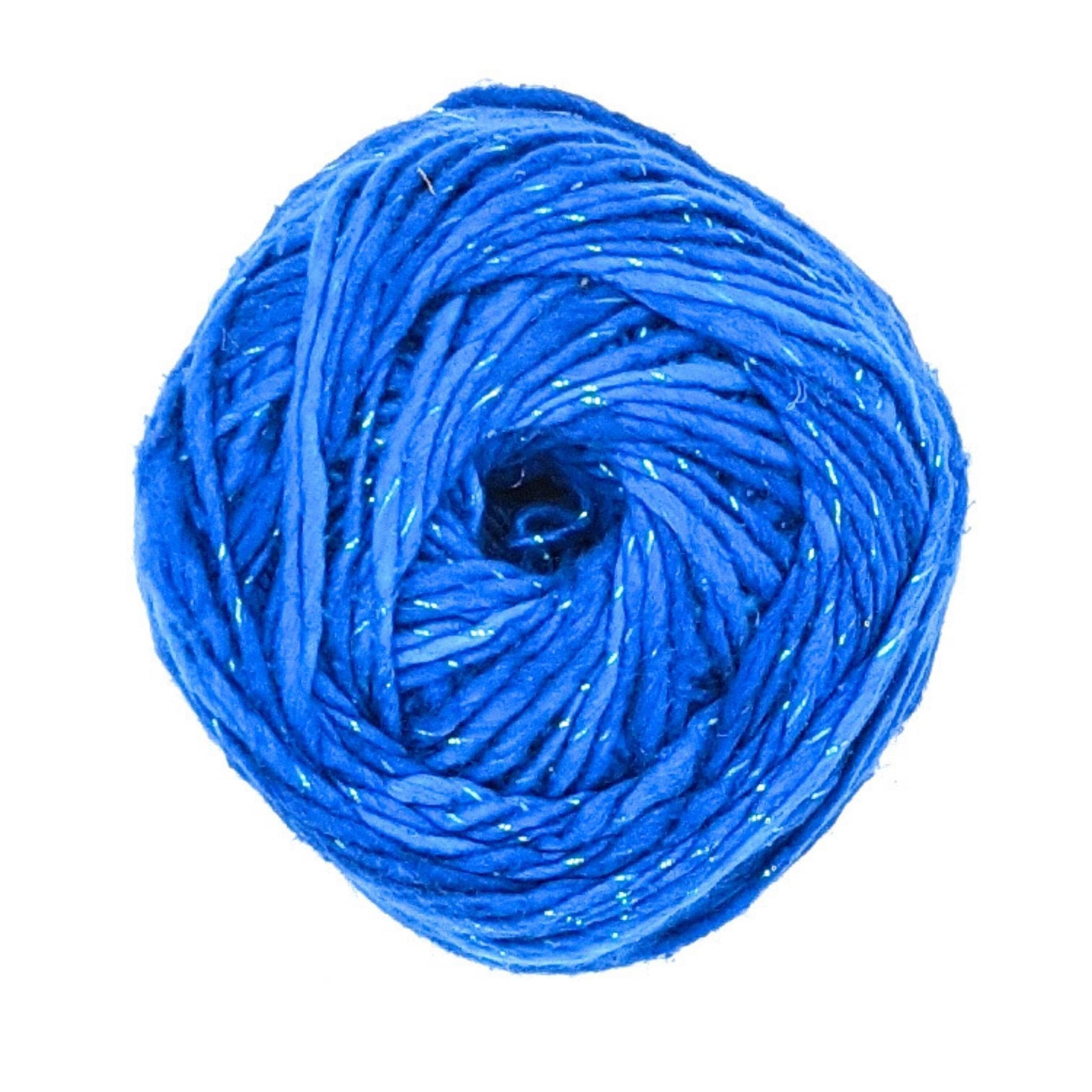 Single skein of sparkle worsted weight recycled silk yarn in Classic Sparkle Blue (Rich ocean blue yarn with sparkles) colorway in front of a white background. This skein is also spun with a strand of sparkle in it.