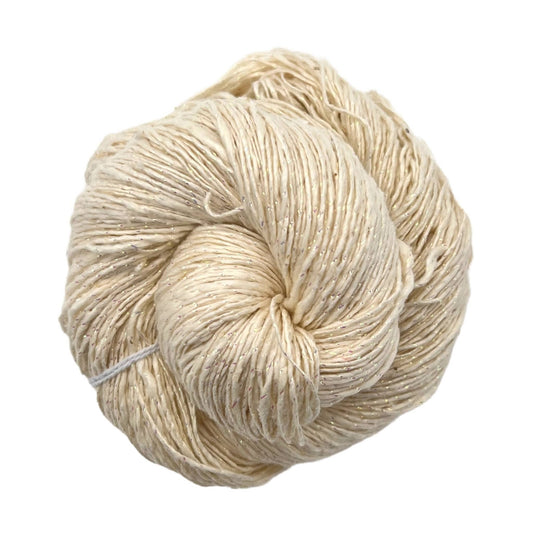 skein of lace weight recycled silk yarn in front of a white background. Skein is undyed white with sparkle throughout.