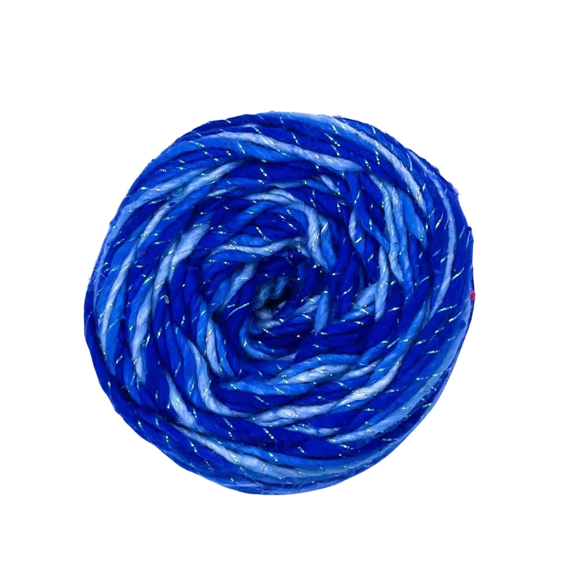 A skein of 4 shades of blue and sparkle on a white background
