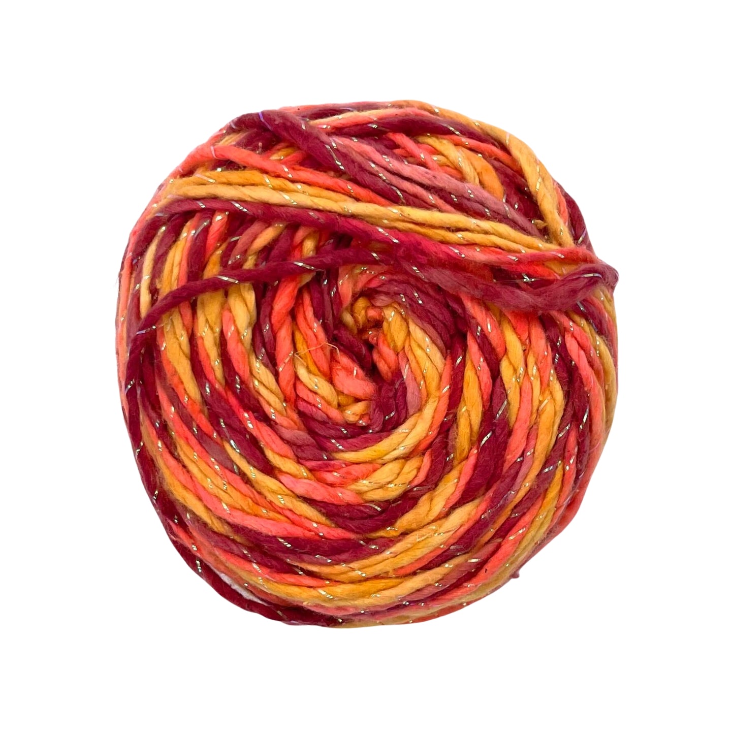 A skein of 4 shades of orange and sparkle on a white background