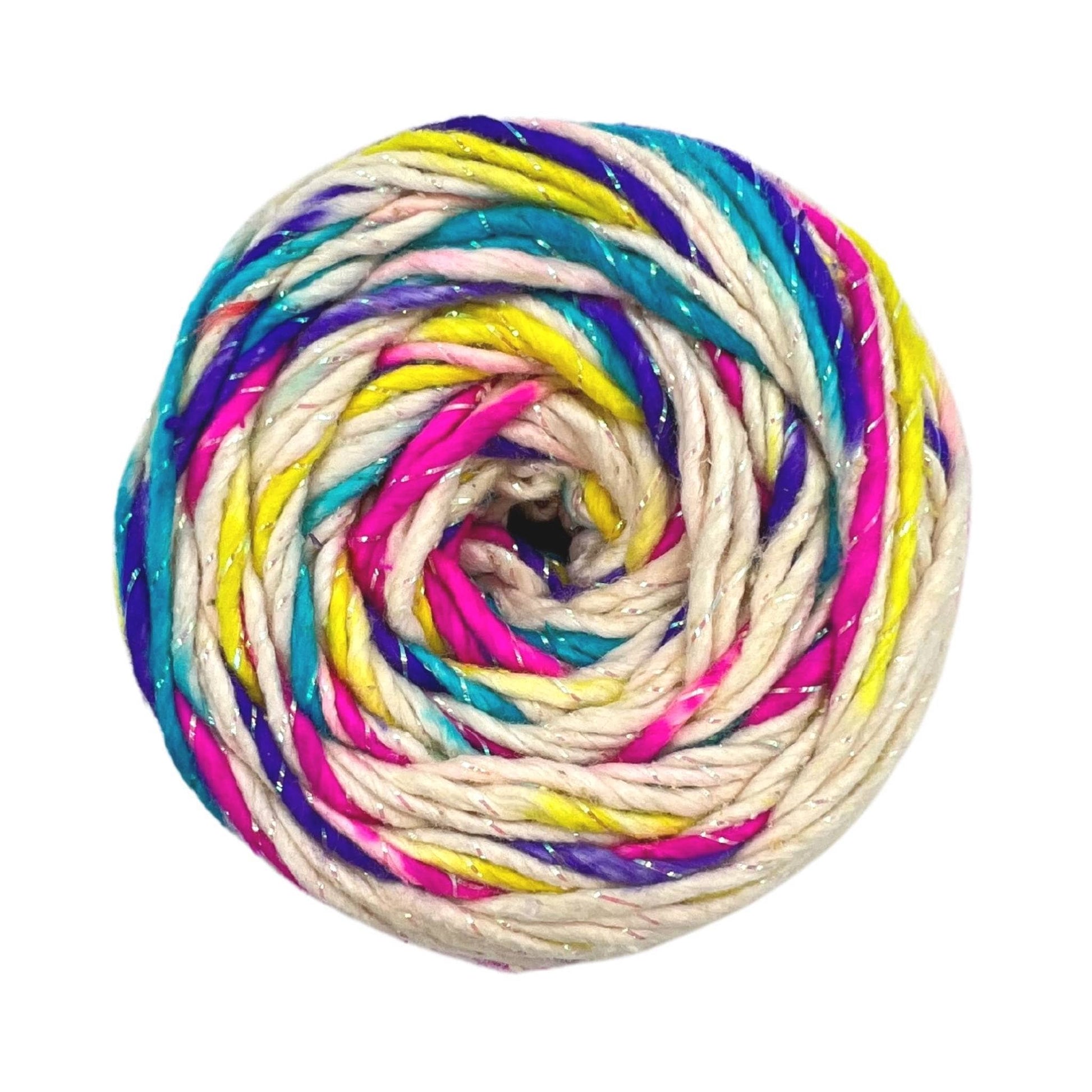 Single skein of sparkle worsted weight recycled silk yarn in birthday cake (white undyed base with a mix of blues, pinks and yellows mixed in.) colorway in front of a white background. This skein is also spun with a strand of sparkle in it.
