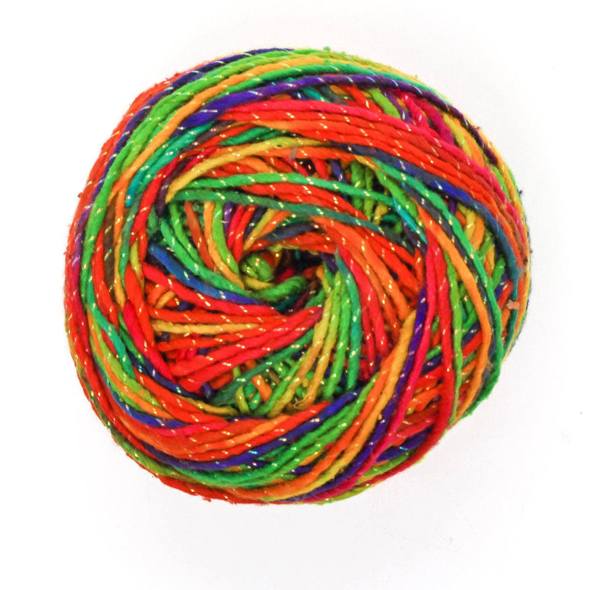 Single skein of sparkle worsted weight recycled silk yarn in Sparkle Watercolors (rich painting like blues, greens, yellows and reds) colorway in front of a white background. This skein is also spun with a strand of sparkle in it.