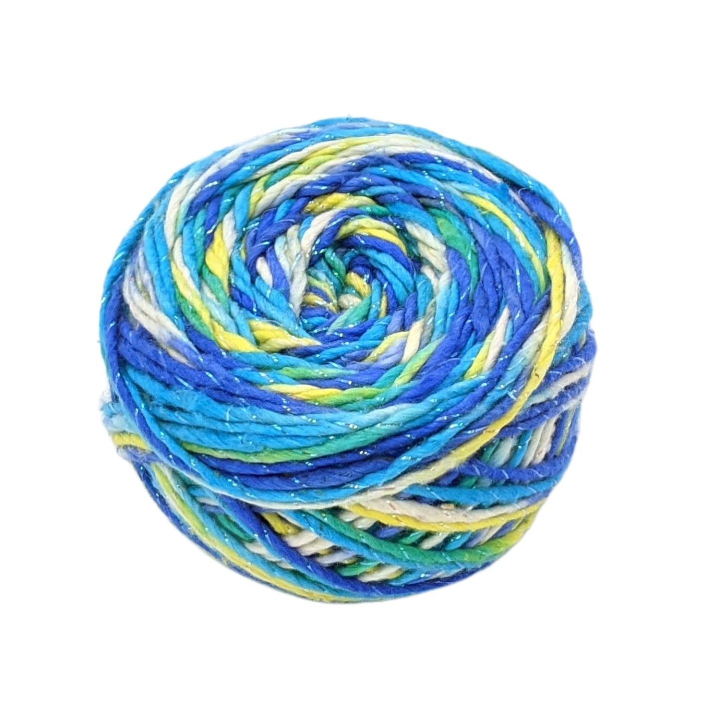 Single skien of worsted weight recycled silk yarn in Stars in the Night Sky light (yellow, green, blue, white variegated) color way in front of a white background.