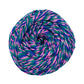 A skein of reclaimed silk yarn on a white background. The yarn is a triple ply yarn with pink, green and navy colors.
