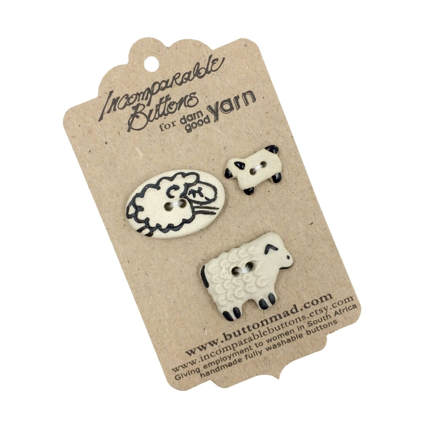 Stitchable Sheep Buttons 3-Pack on a brown card on a white background