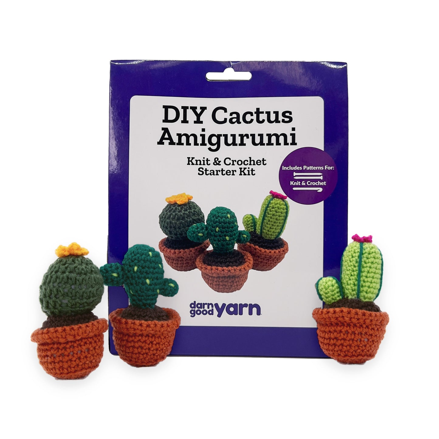 Created Cactus Amigurumis set up in front of amigurumi packaging.