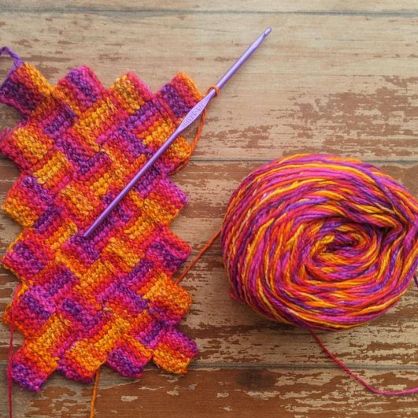 Work in Progress (WIP) swatch of Autumn Jubilee Journey Recycled Silk Yarn