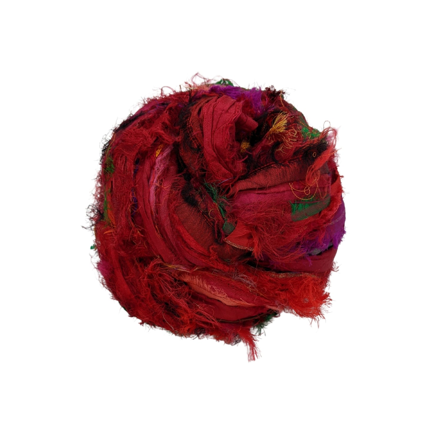 An overhead view of the red windswept sari ribbon on a white background.