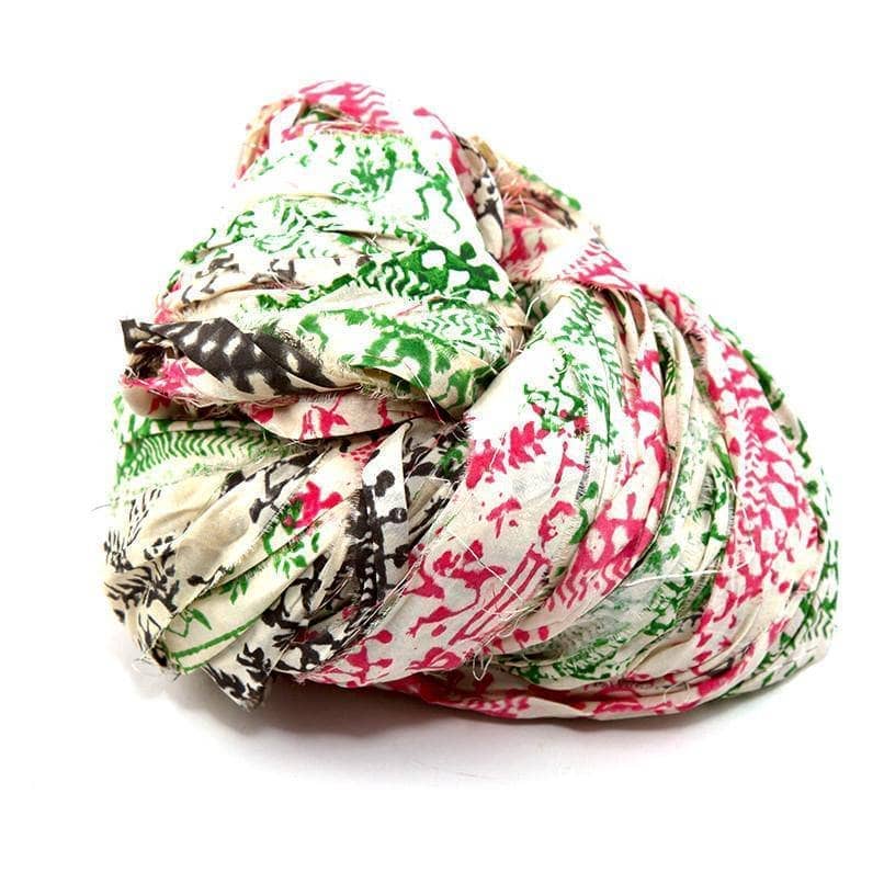 Block Printed Handmade Sari Silk Ribbon Yarn