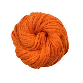 A skein of orange cotton t-shirt yarn on a white background