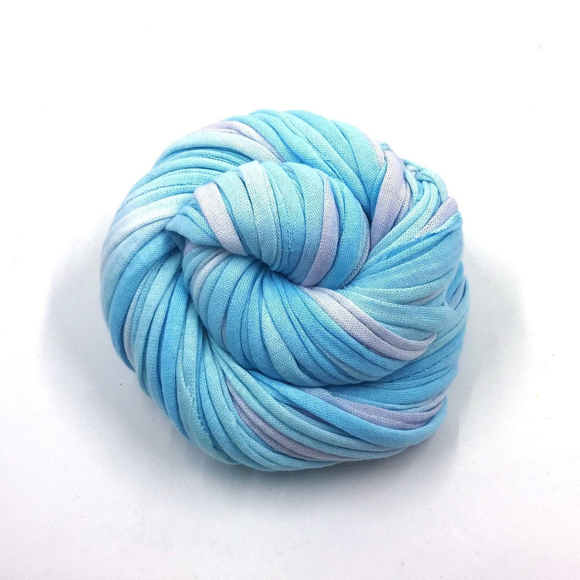 Cotton t-shirt yarn donut ball in Mermaid Swirl (blue and white) on white background