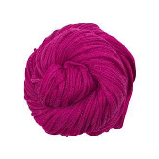 A skein of fuchsia pink cotton t-shirt yarn on a white background