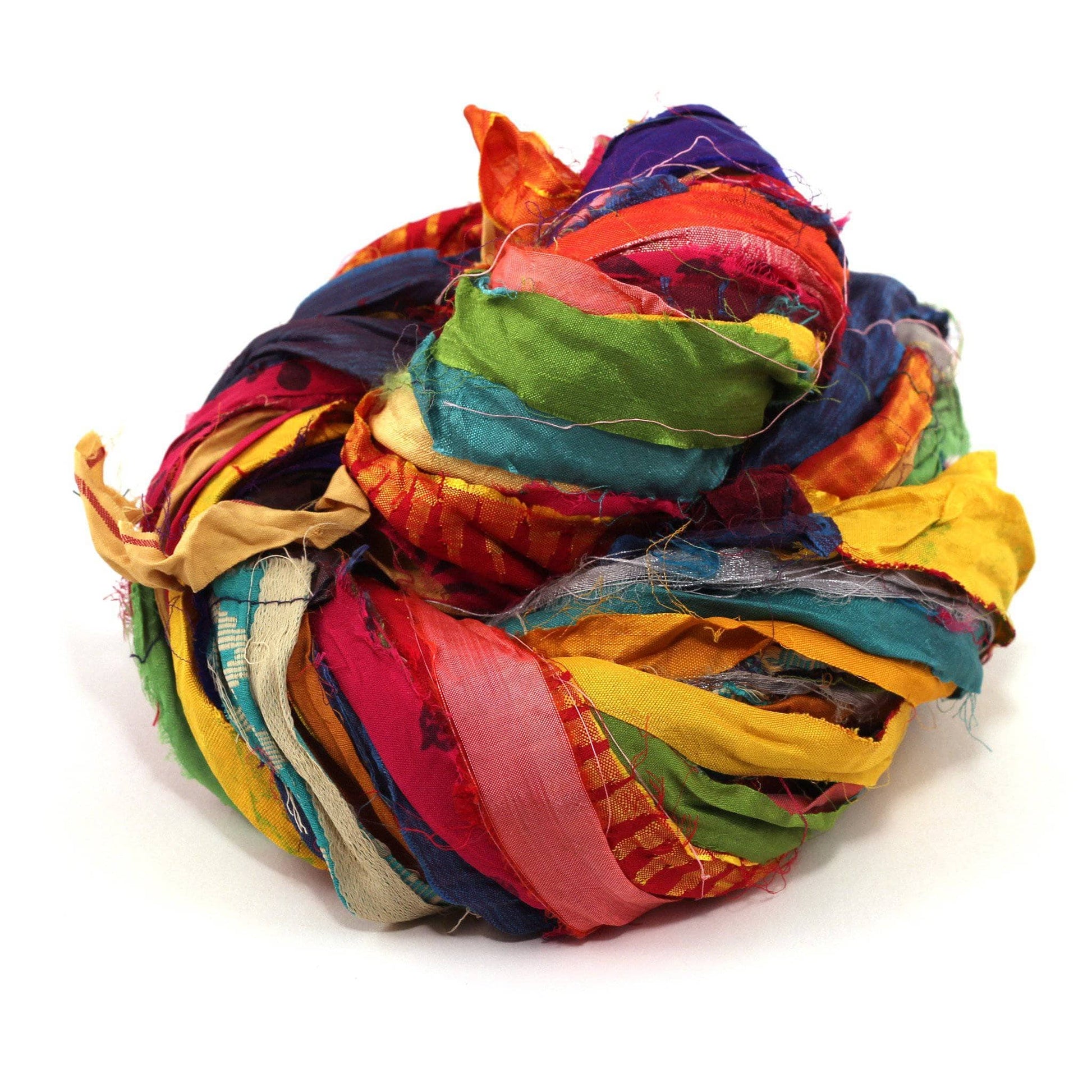 A multicolored color skein of sari ribbon on a white background