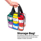 Hand holding easy knit and crochet kin in the convenient storage bag in front of a white background. Text at bottom right reads: Storage bag! Our premium acrylic yarn kit comes in a handy traveling case to hold your yarn, needles or hooks, and WIPs!