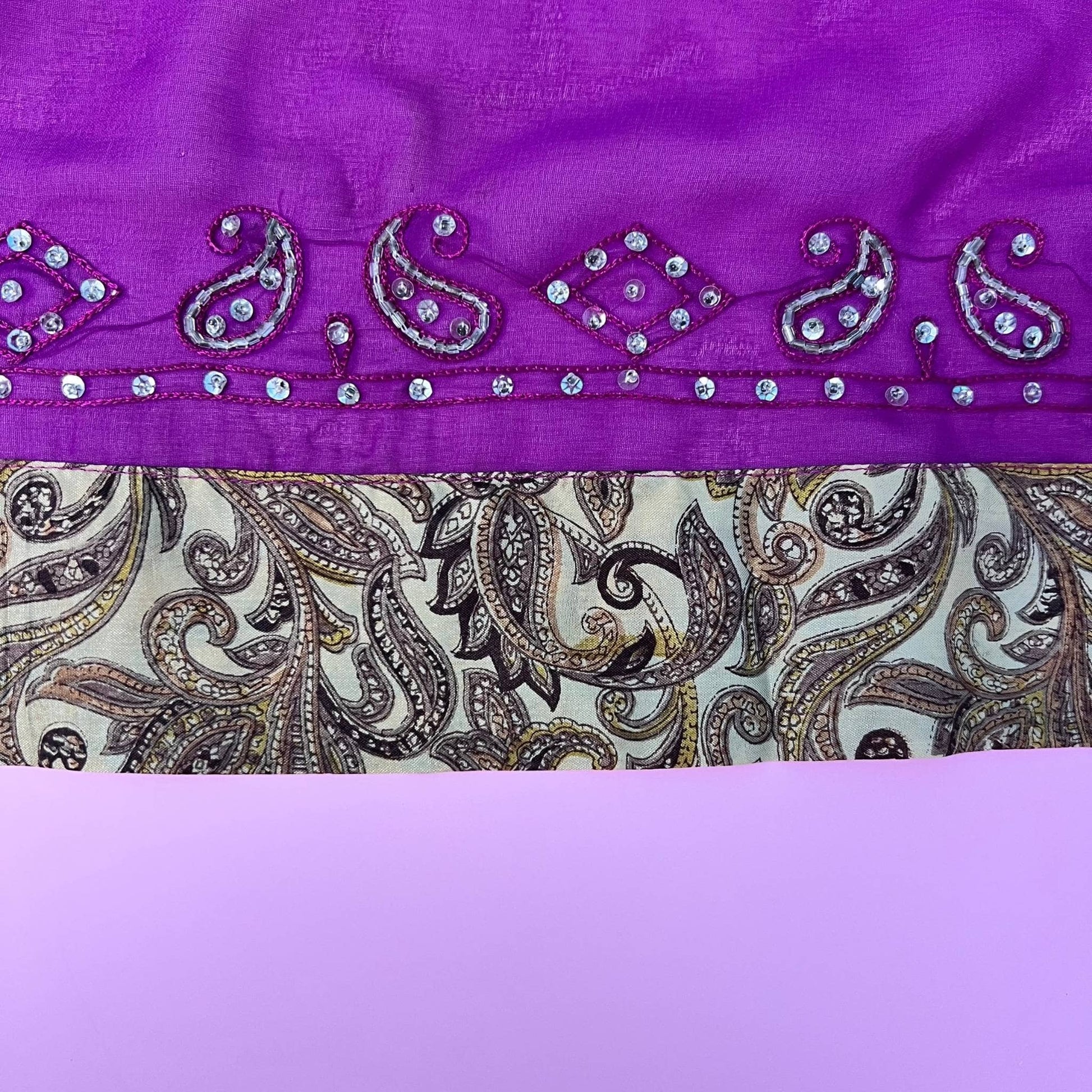 closeup of the heavy embellished edging on a purple sophia duster.