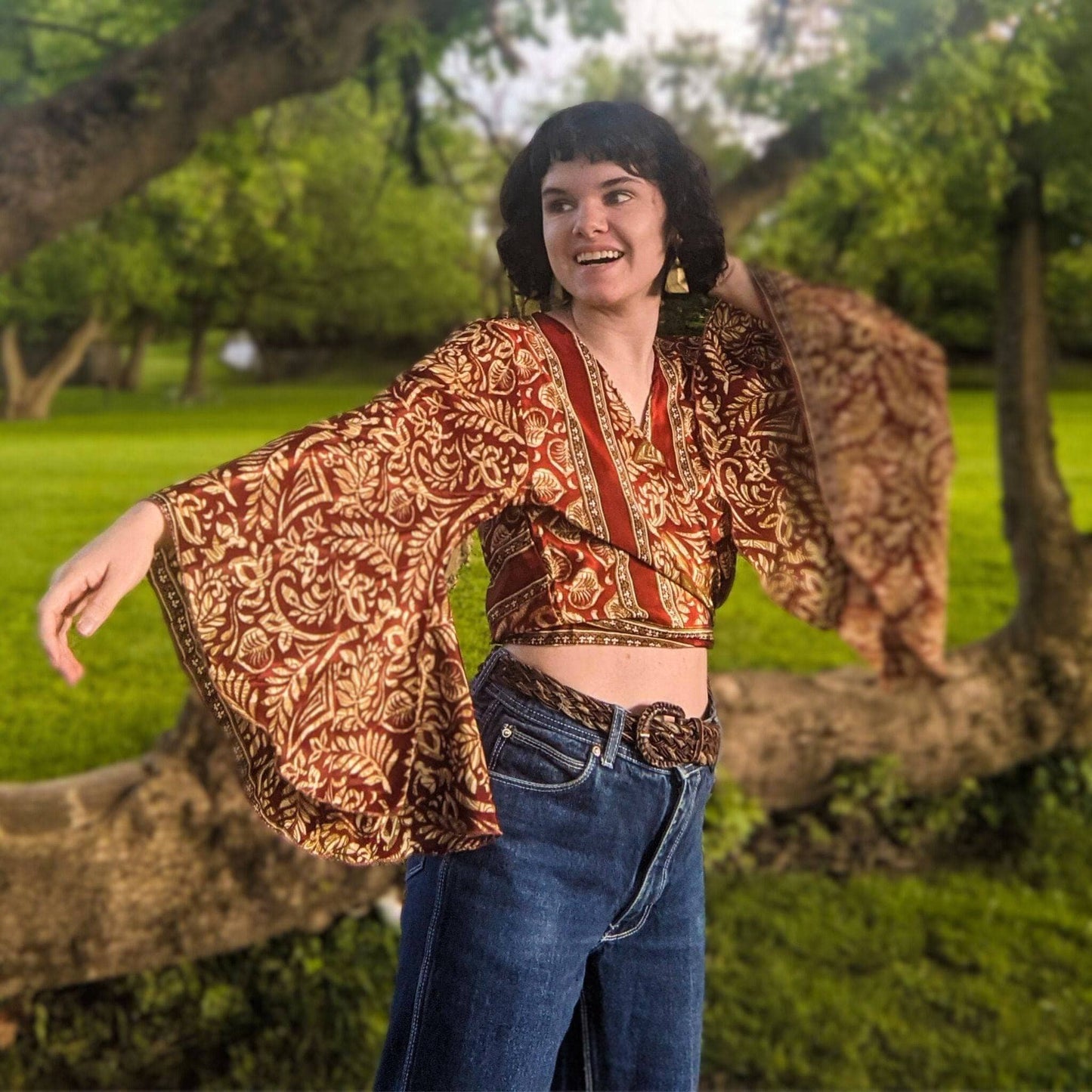 Recycled Sari Wrap Top with Bell Sleeves