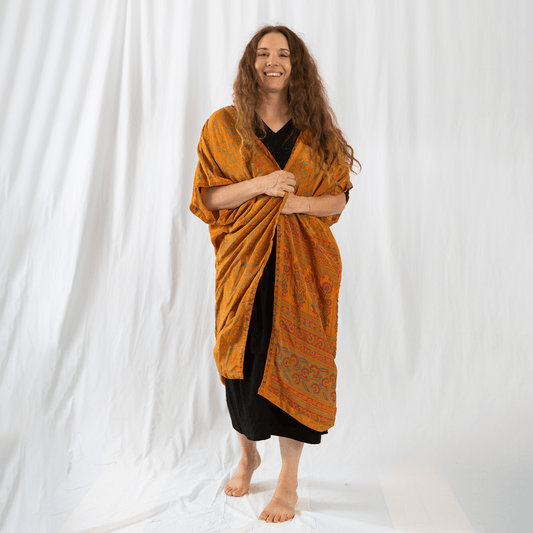 Model wearing amara long recycled sari duster.