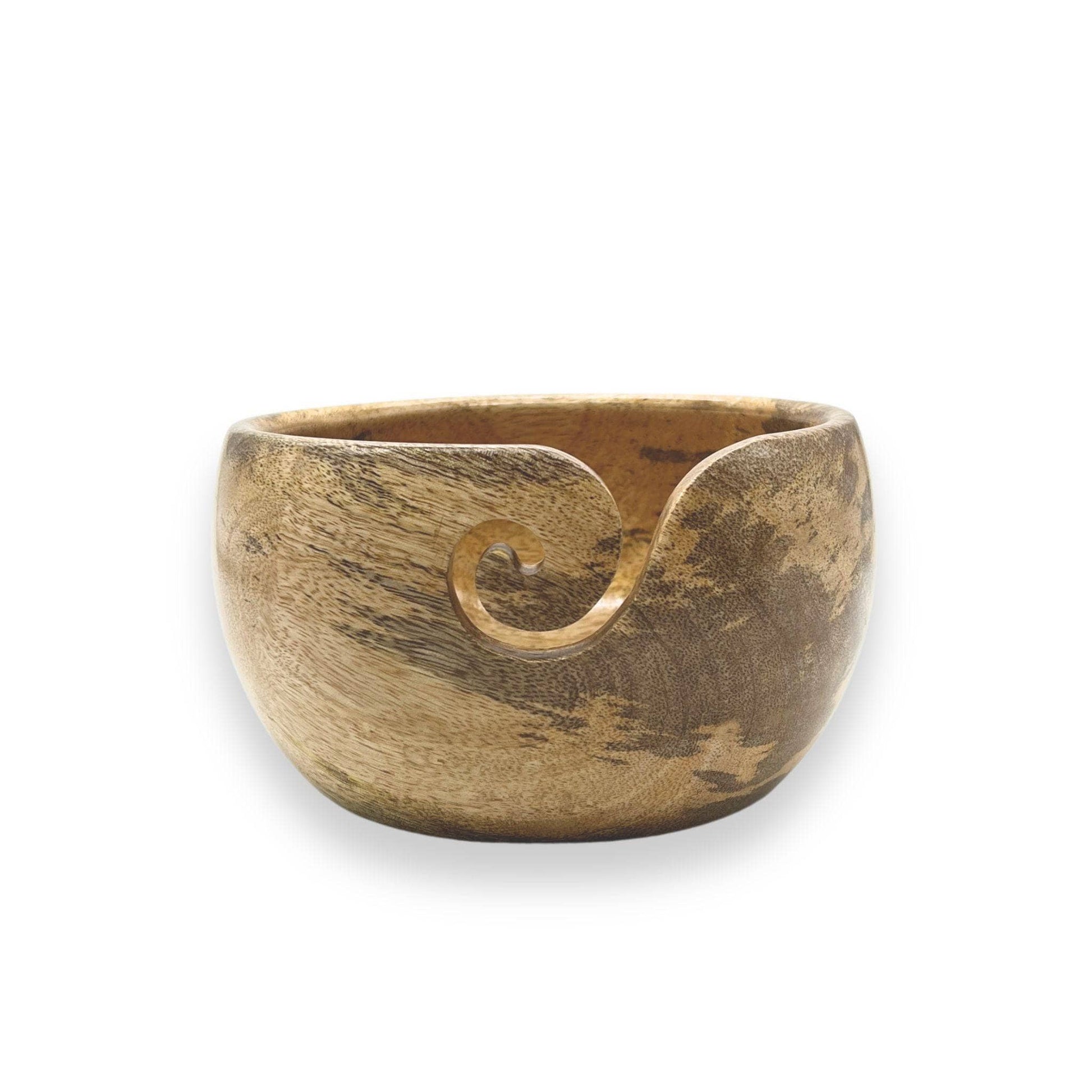 Natural light wood yarn bowl with a darker wood grain on parts of the yarn bowl
