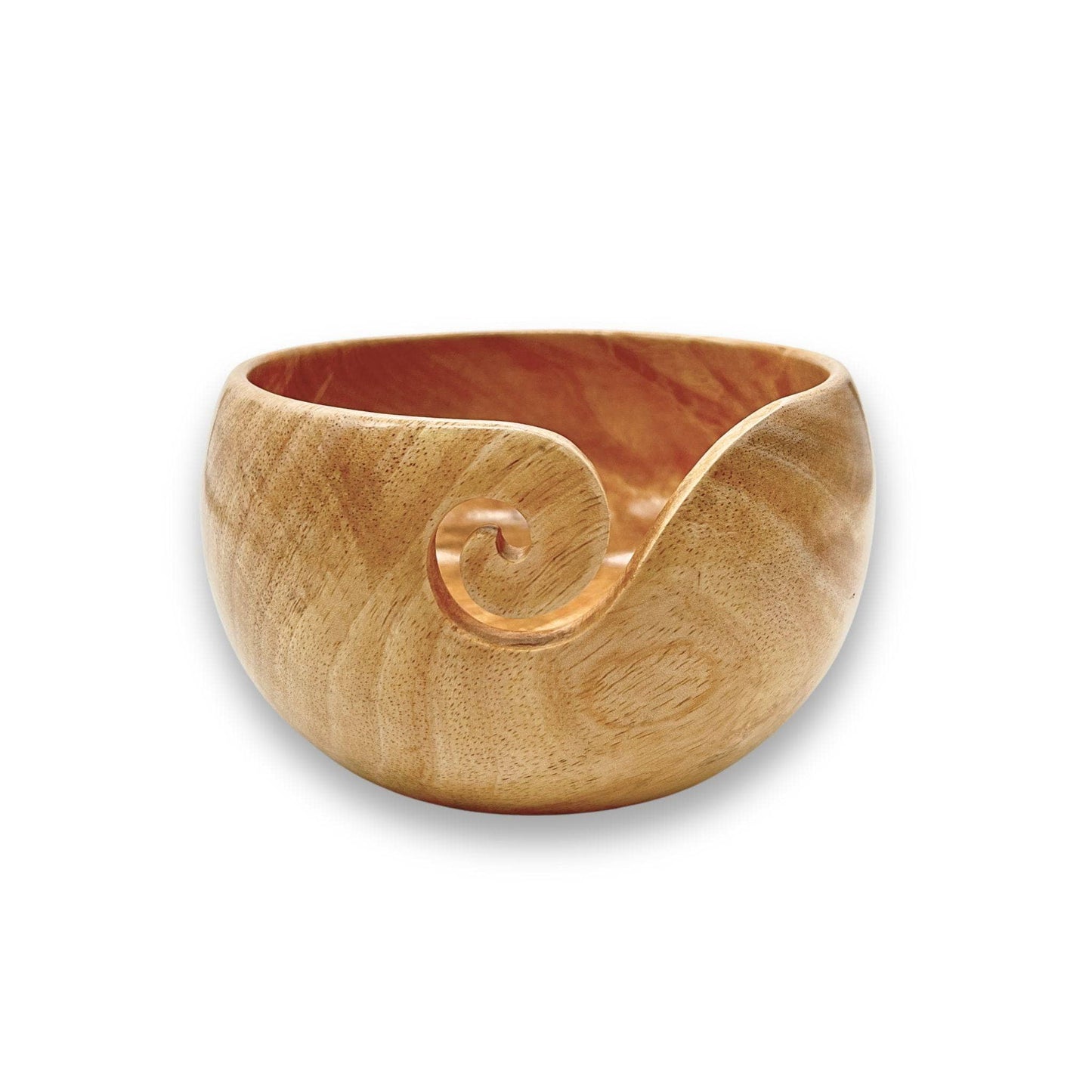 Natural light wood yarn bowl that has a natural wood grain color
