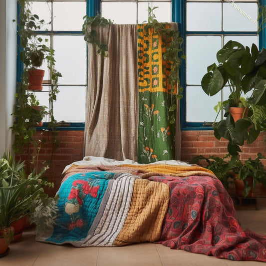 multiple kantha quilt blankets on a bed