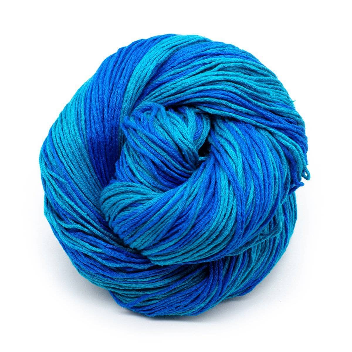 multi shade blue yarn on a white background