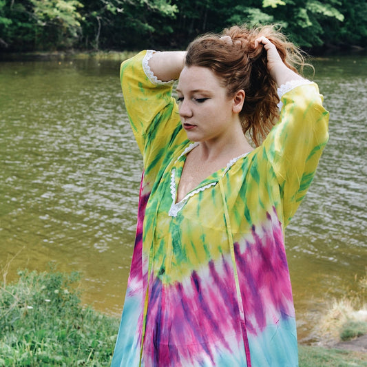 Closer up picture of a model wearing the brilliant Tie Dye Cover Up